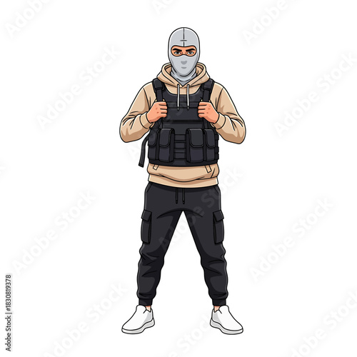 Cartoon man wearing a balaclava, hoodie, tactical vest, and cargo pants standing with his feet apart.
