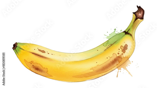 Ripe yellow banana fruit with brown spots in a watercolor style with artistic paint splatters isolated on a white background