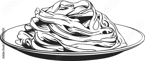 Pasta plate sketch hand drawn style with fettuccine noodles on dish. Vector illustration