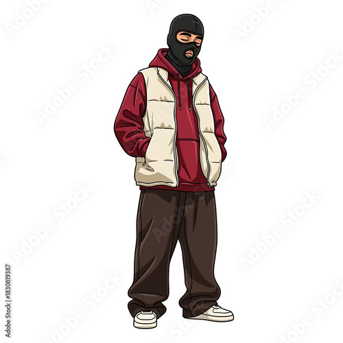 A cartoon character in urban streetwear, wearing a balaclava, red hoodie, and a beige puffer vest.