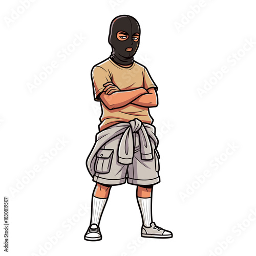 A cartoon illustration of a person wearing a black ski mask and a tan t-shirt, with arms crossed.