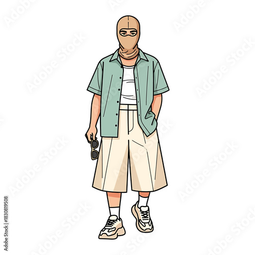 Illustration of a person wearing a balaclava, light green shirt, beige shorts, and sneakers, holding sunglasses.
