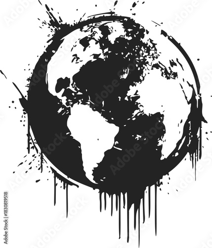 Earth sketch hand drawn ink splatter globe with dripping paint effect. Vector illustration