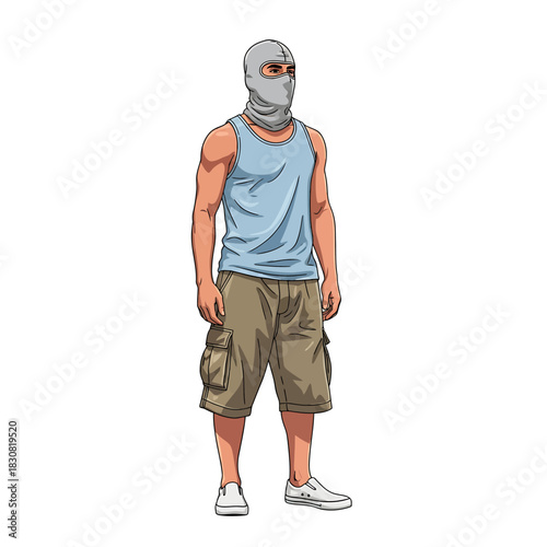 A man wearing a balaclava, tank top, shorts, and sneakers, standing.