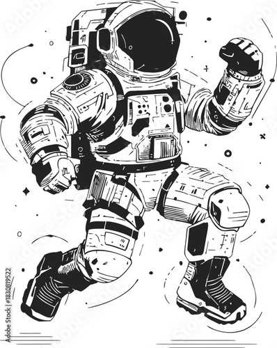 Astronaut hand drawn sketch in spacesuit floating in space. Vector illustration