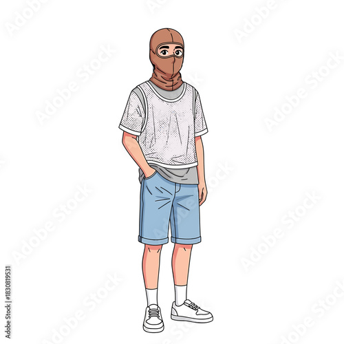 Illustration of a person wearing a balaclava, t-shirt, shorts, socks, and sneakers.