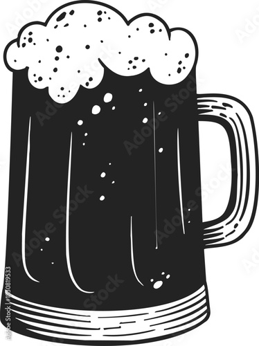 Beer mug sketch hand drawn with frothy foam and detailed glass handle. Vector illustration