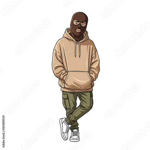 A cartoon illustration of a man in a brown balaclava, beige hoodie, and green cargo pants, standing with hands in pockets.