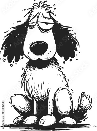 Tired dog sketch hand drawn cartoon with droopy eyes sitting. Vector illustration