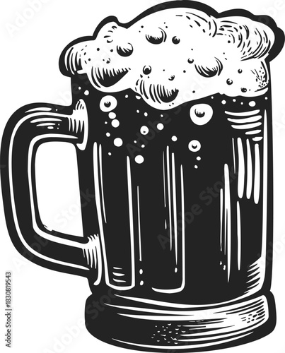 Beer mug, hand drawn sketch with overflowing foam and bubbles. Vector illustration