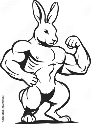 Muscular rabbit sketch, hand drawn flexing strong arms, cartoon style. Vector illustration
