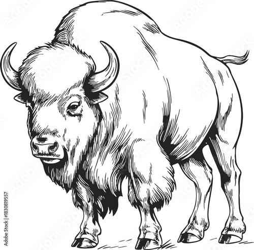 American bison sketch, hand drawn line art, standing facing forward. Vector illustration
