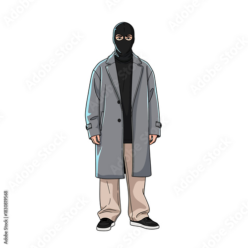 Illustration of a person wearing a black balaclava, grey coat, and beige pants, standing.