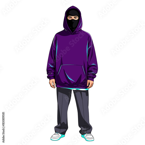 Vector illustration of a mysterious person wearing a purple oversized hoodie, balaclava, and baggy pants.