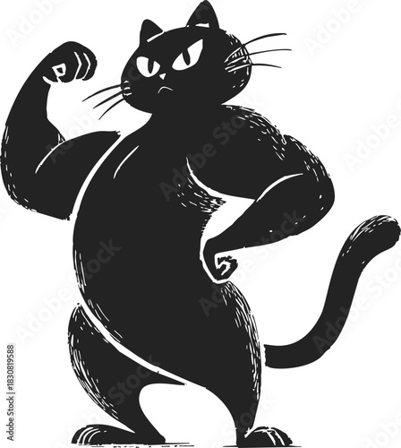 Muscular cat sketch, hand drawn style, flexing biceps in confident pose. Vector illustration