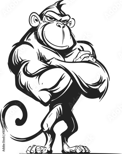 Gorilla sketch hand drawn with muscular arms crossed and confident expression. Vector illustration