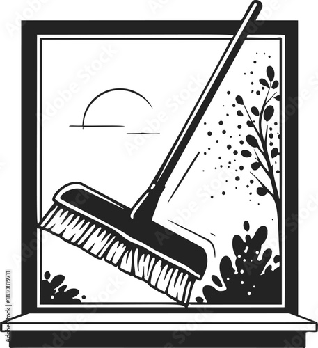 Window cleaning brush sketch hand drawn with outdoor view and foliage. Vector illustration