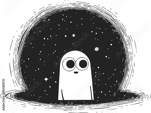 Cute ghost character sketch, hand drawn style in cosmic space with stars. Vector illustration