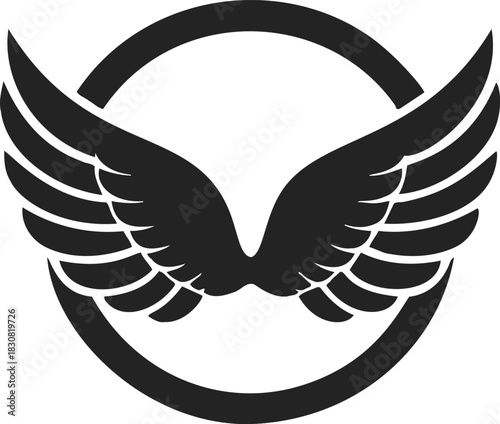 Wings logo sketch, hand drawn style with bold symmetrical wings inside partial circle. Vector illustration