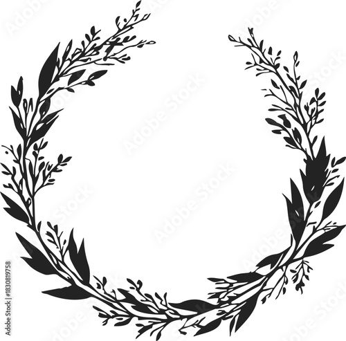 Laurel wreath sketch hand drawn with leafy branches in circular frame. Vector illustration