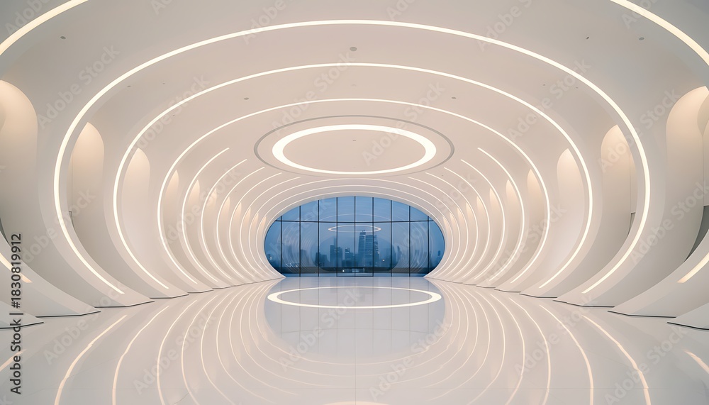Naklejka premium Futuristic White Tunnel Interior with Circular Light Design