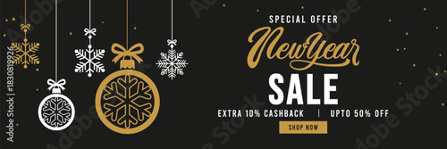 Elegant New Year sale banner with black background, gold and white typography, hanging snowflake ornaments and stars, promoting special offer holiday discount. 