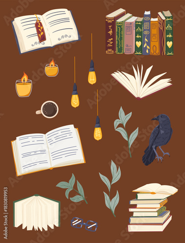 Book aesthetic sticker set with open books, candles, raven, glasses, coffee and leaves. Vector hand drawn illustration for journaling, planners, scrapbook, stationery and cozy themed designs