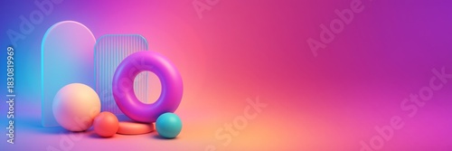 Abstract colorful 3D geometric shapes with clean copyspace on vibrant gradien...