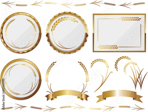 高級感のある稲のフレームと装飾セット　ホワイト＆ゴールド