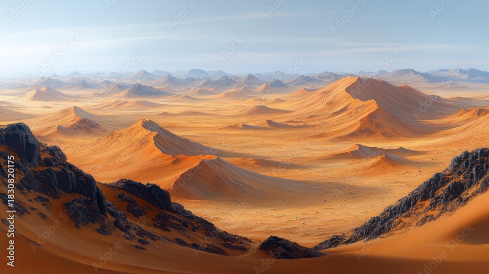 Fototapeta premium Panoramic view of a vast, sunlit desert landscape with rolling sand dunes and distant mountains under a clear sky.