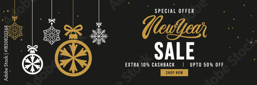 Elegant New Year sale banner with black background, gold and white typography, hanging snowflake ornaments and stars, promoting special offer holiday discount. 
