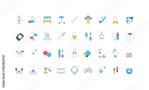 Fashion makeup and beauty salon service, cosmetic product for skin care and healthy lifestyle color icon set. Perfume and lipstick, brush and palette, nail polish and mirror flat vector illustration