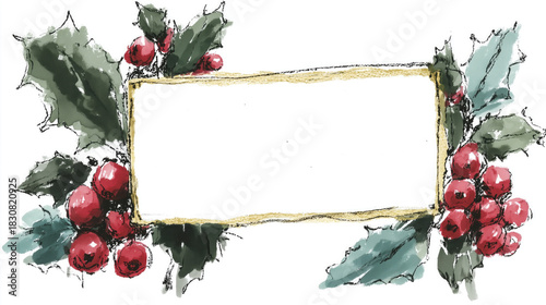 Christmas, wallpaper, poster, banner-ready festive frame: gold border with holly leaves and red berries, blank space for text, ideal for holiday greeting cards and seasonal designs.