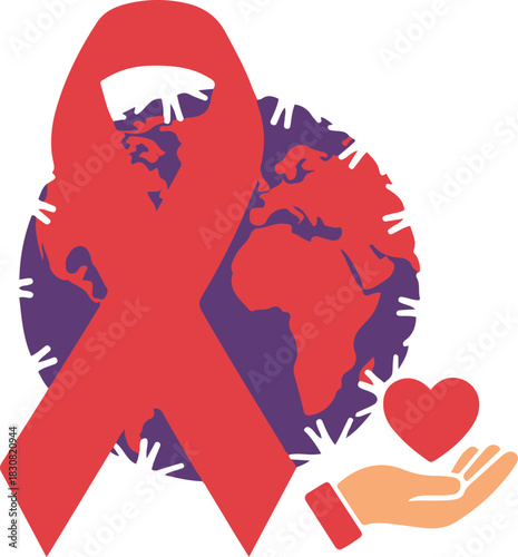 A symbolic vector illustration for World AIDS Day featuring a large red ribbon superimposed over a stylized globe, with a hand holding a heart representing care and support.