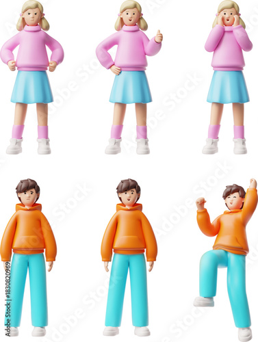 Kids positive and negative expression vector set 3D plastic style, cartoon brunette boy and blonde girl child characters