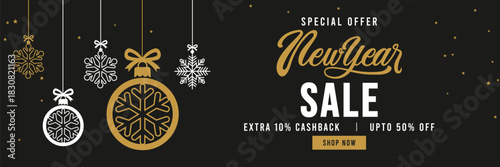 Elegant New Year sale banner with black background, gold and white typography, hanging snowflake ornaments and stars, promoting special offer holiday discount. 