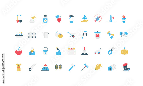 Garden plant cultivation, greenhouse and trees of orchard, gardener tools color icon set. Hose and watering can, shovel in soil and fertilizer, farmers wheelbarrow and bucket flat vector illustration