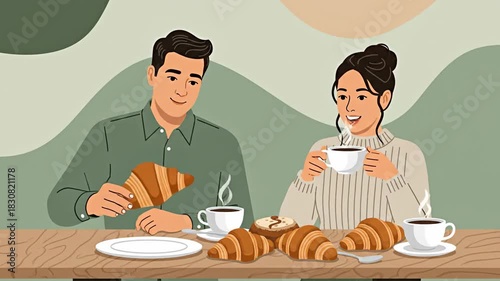 Couple Enjoying Breakfast with Coffee and Croissants in Animated Scene