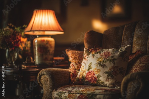 A chair with a floral pillow and a lamp on a table