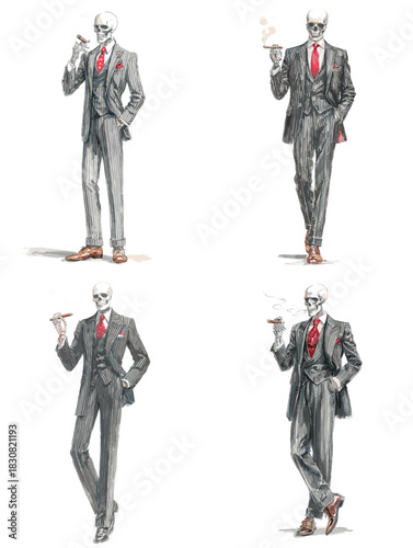 Stylish skeleton gentleman in a refined grey suit with red tie and cigar, classy illustration set on white background for fashion, vintage or character design themes.