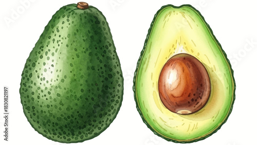 Fresh Avocado Whole and Sliced, Revealing the Creamy Interior with a Brown Seed, Healthy Food