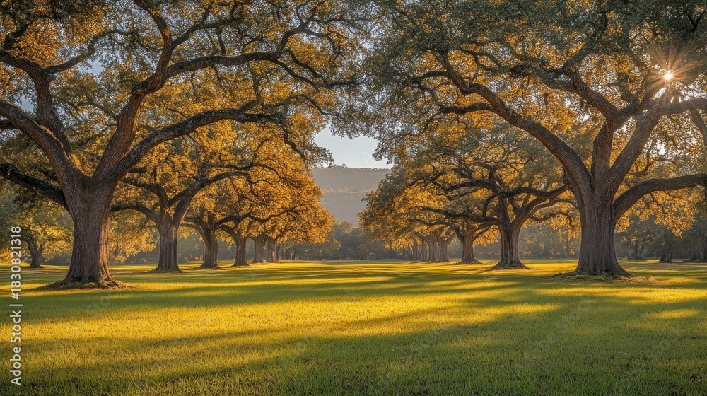 Fototapeta premium Golden hour sunlight illuminates a grassy field lined with majestic oak trees.