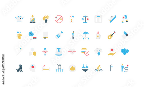 Healthy habits for wellbeing, healthy body and mind, life balance and yoga color icon set. Physical exercises and nutrition, sleep and weight control, meditation and gratitude flat vector illustration