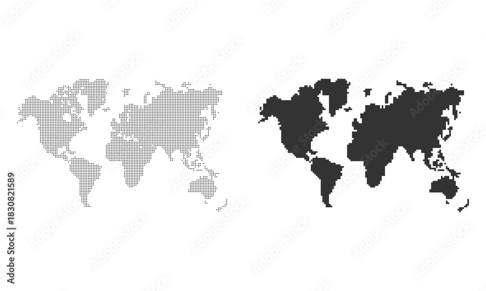 Fototapeta premium World map halftone dots and solid silhouette set, black minimal global map design for infographics, presentations, and graphics