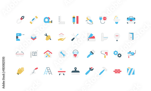 Home repair and improvement service, builders and tools, instruments, construction project color icon set. Engineer and worker handyman toolbox, house renovation equipment flat vector illustration