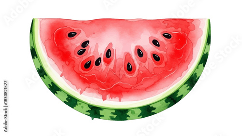 A vibrant watercolor illustration of a juicy, ripe watermelon slice, showcasing its red flesh and black seeds