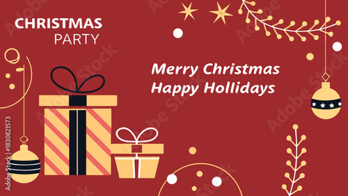 Merry christmas party glass ball and gift box for flyer brochure design on red background invitation theme concept. A festive red Christmas vector poster with a glowing bokeh template. Happy holiday 