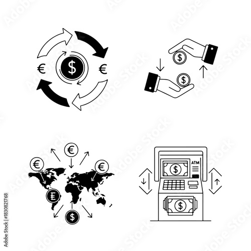 Four financial icons depicting currency exchange, money transfer, global finance, and ATM usage.