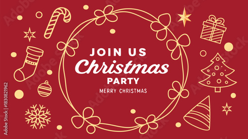 Merry christmas party glass ball and gift box for flyer brochure design on red background invitation theme concept. A festive red Christmas vector poster with a glowing bokeh template. Happy holiday 