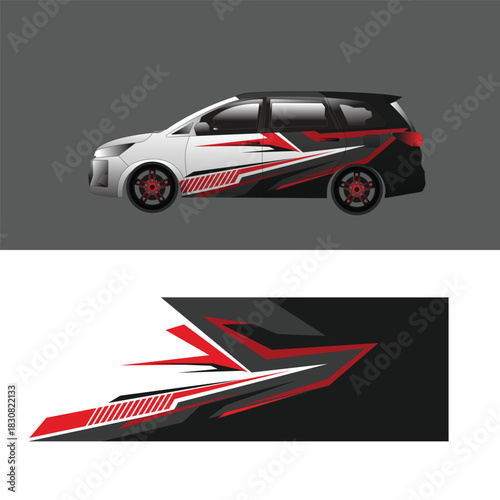 Sporty car livery design featuring a combination of red, black, white, and gray colors